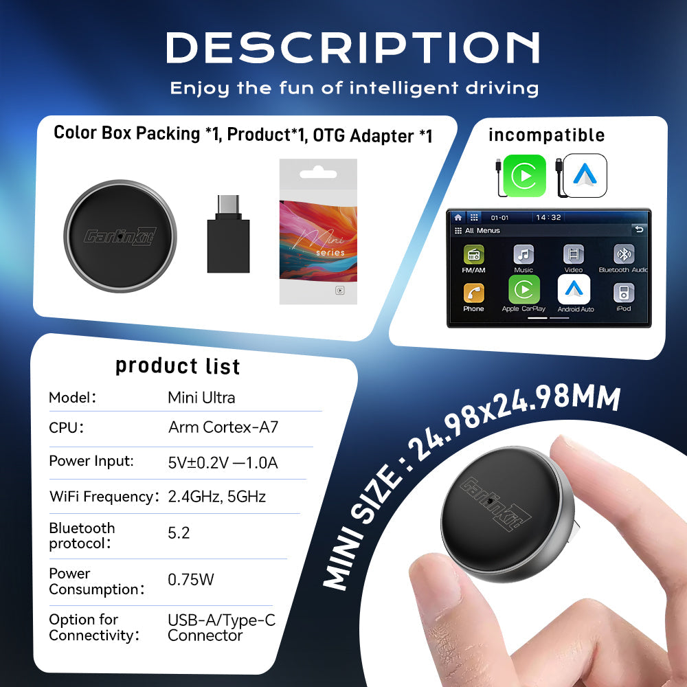 CarlinKit Mini Ultra 3 Wireless CarPlay & Android Auto Tiny Adapter