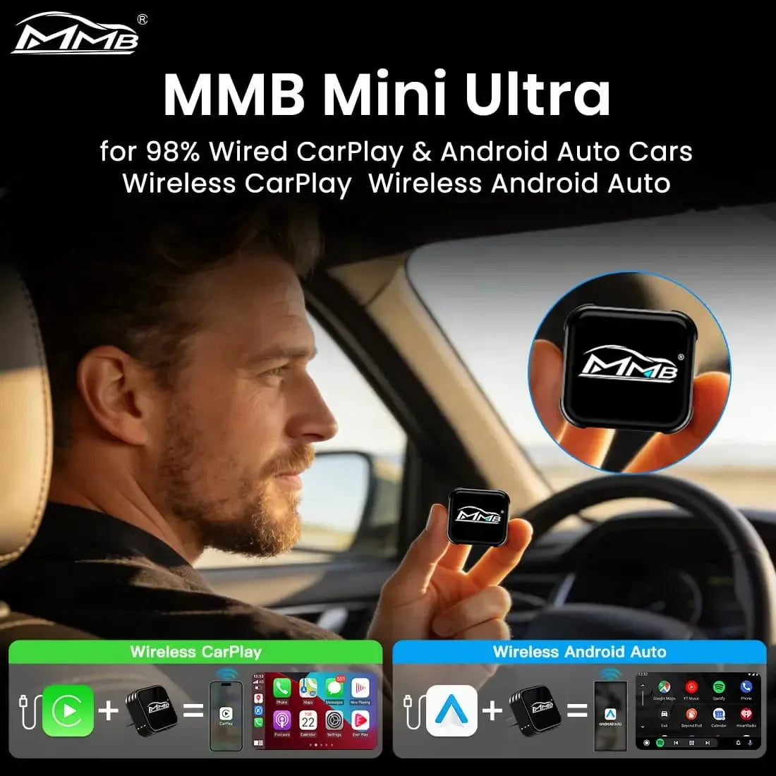 MMB Mini Ultra Wired to Wireless Bluetooth WiFi CarPlay Adapter