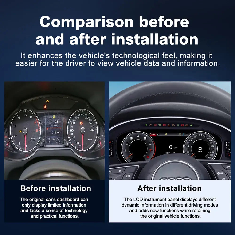 Before and after installation comparison of Joyeauto 12.3-inch Linux digital instrument cluster for Audi A3 (2014-2022), showing the upgrade from the original analog dashboard to a modern virtual cockpit display with wireless CarPlay and Android Auto integration.