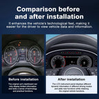 Before and after installation comparison of Joyeauto 12.3-inch Linux digital instrument cluster for Audi A3 (2014-2022), showing the upgrade from the original analog dashboard to a modern virtual cockpit display with wireless CarPlay and Android Auto integration.
