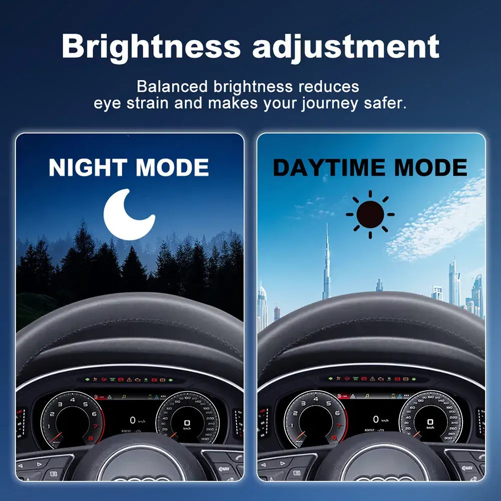 Joyeauto 12.3-inch Linux digital instrument cluster for Audi A3 (2014-2022) featuring automatic day and night brightness adjustment for enhanced visibility, driving comfort, wireless CarPlay, Android Auto, and virtual cockpit functionality.