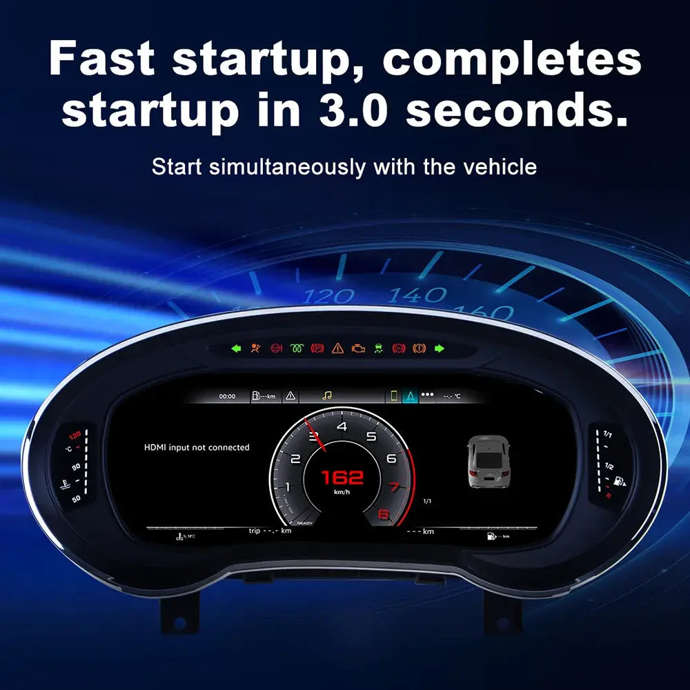 Joyeauto 12.3-inch Linux digital instrument cluster for Audi A3 (2014-2022), featuring ultra-fast 3-second startup, virtual cockpit display, wireless CarPlay, Android Auto, and real-time vehicle information.