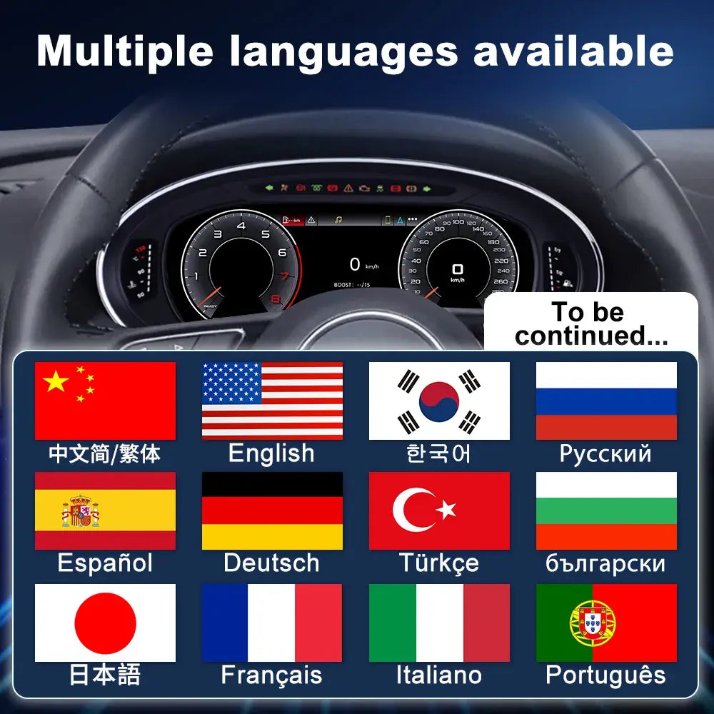 Joyeauto 12.3-inch Linux digital instrument cluster for Audi A3 (2014-2022) with multi-language support, wireless CarPlay, Android Auto, customizable virtual cockpit display, and modern digital dashboard functionality.