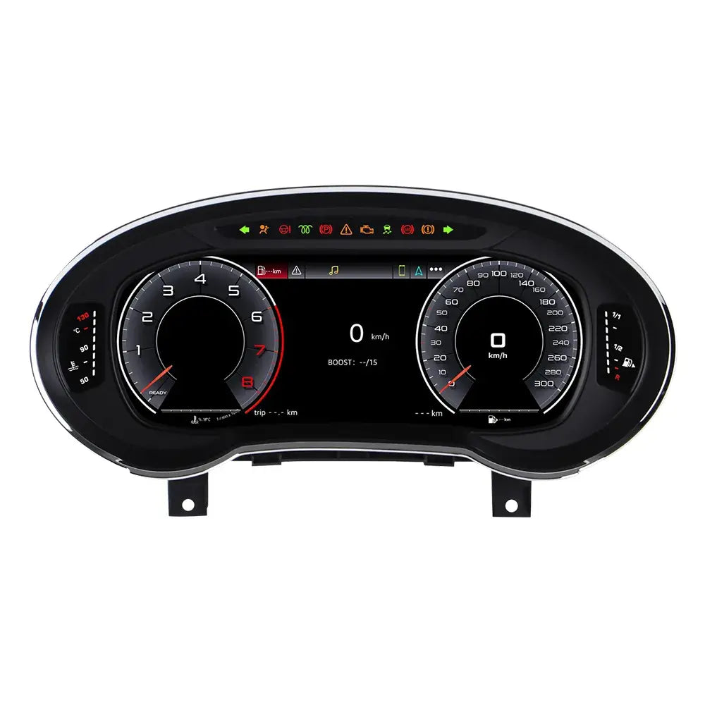 Joyeauto 12.3-inch Linux digital instrument cluster front view for Audi A3 (2014-2022), featuring a high-resolution virtual cockpit display, wireless CarPlay, Android Auto, real-time vehicle information, and modern digital dashboard design.