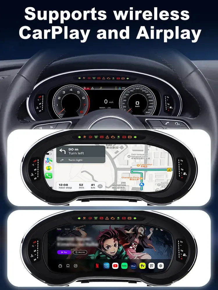 Joyeauto 12.3-inch Linux digital instrument cluster for Audi A3 (2014-2022) with wireless CarPlay and AirPlay support, featuring navigation, media streaming, screen mirroring, virtual cockpit display, and enhanced in-car connectivity.