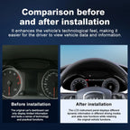 Before and after installation comparison of Joyeauto 12.3-inch Linux digital instrument cluster for Audi A4 (2009-2012), showing the upgrade from the original analog dashboard to a modern virtual cockpit display with wireless CarPlay and Android Auto integration.