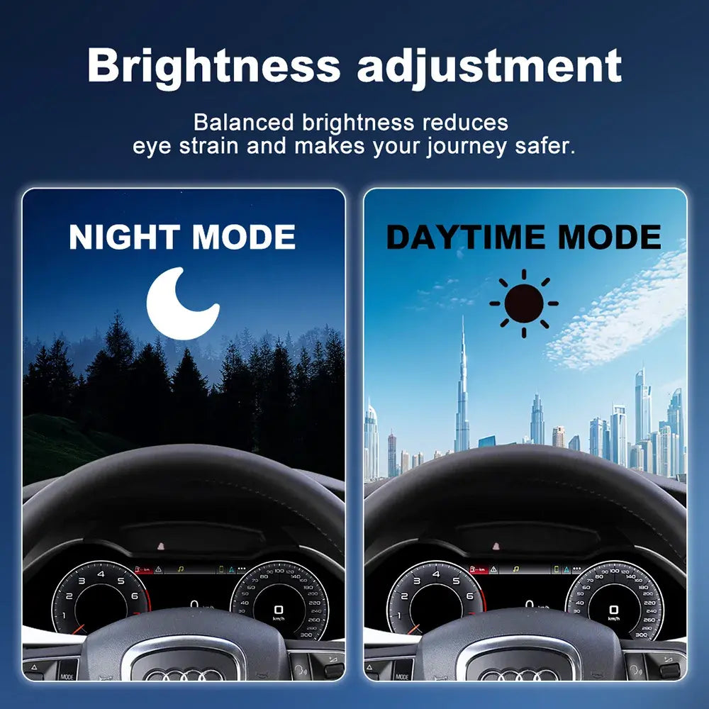 Joyeauto 12.3-inch Linux digital instrument cluster for Audi A4 (2009-2012) featuring automatic day and night brightness adjustment for improved visibility, driving comfort, wireless CarPlay, Android Auto, and virtual cockpit functionality.