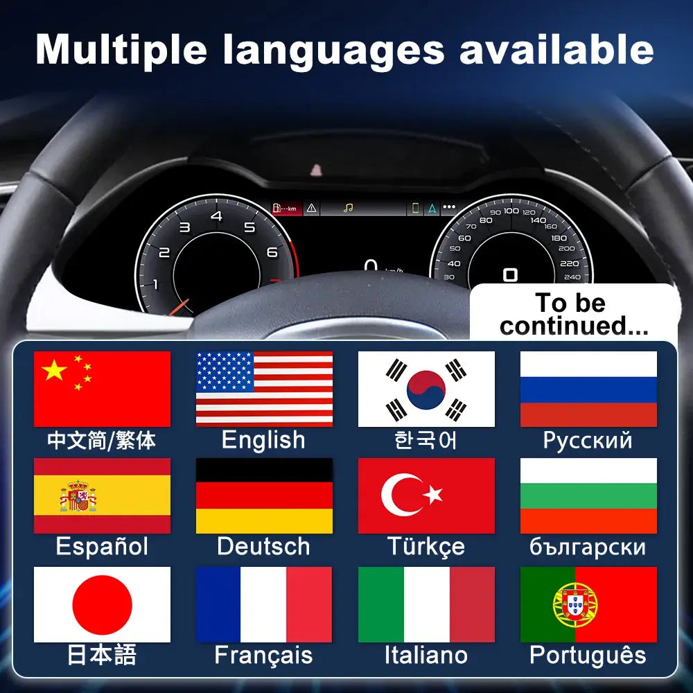 Joyeauto 12.3-inch Linux digital instrument cluster for Audi A4 (2009-2012) with multi-language support, wireless CarPlay, Android Auto, customizable virtual cockpit display, and modern digital dashboard functionality.
