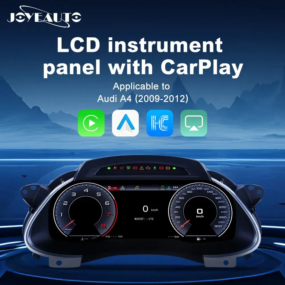 Joyeauto 12.3-inch Linux digital instrument cluster for Audi A4 (2009-2012), featuring wireless CarPlay, Android Auto, virtual cockpit display, real-time vehicle information, and a modern digital dashboard retrofit.