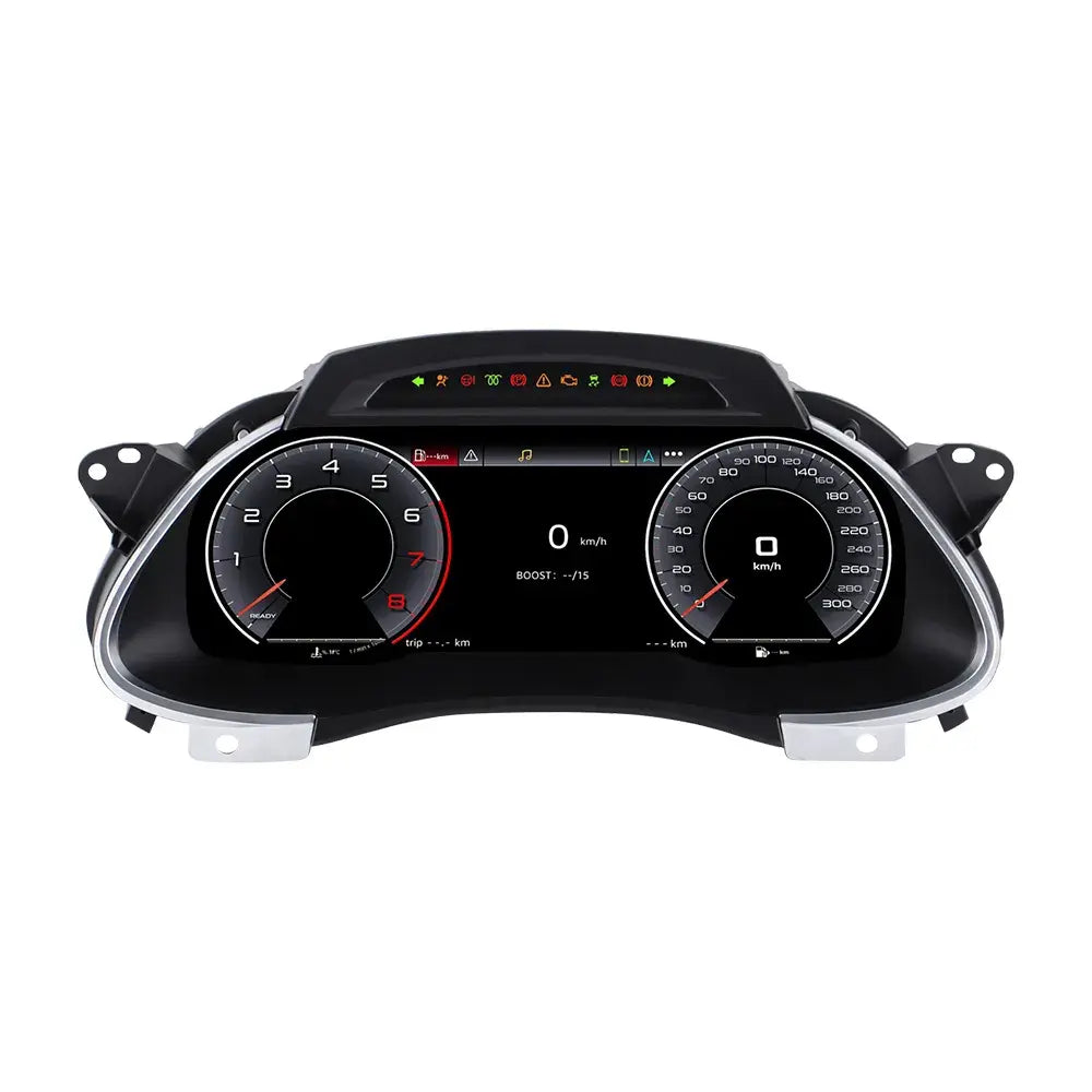 Joyeauto 12.3-inch Linux digital instrument cluster front view for Audi A4 (2009-2012), featuring a high-resolution virtual cockpit display, wireless CarPlay, Android Auto, real-time vehicle information, and modern digital dashboard design.