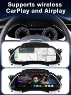 Joyeauto 12.3-inch Linux digital instrument cluster for Audi A4 (2009-2012) with wireless CarPlay and AirPlay support, featuring navigation, media streaming, screen mirroring, virtual cockpit display, and enhanced in-car connectivity.