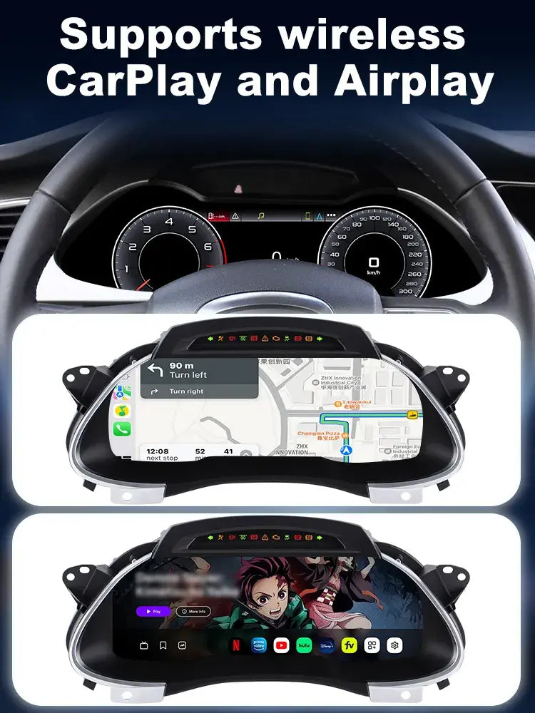 Joyeauto 12.3-inch Linux digital instrument cluster for Audi A4 (2009-2012) with wireless CarPlay and AirPlay support, featuring navigation, media streaming, screen mirroring, virtual cockpit display, and enhanced in-car connectivity.