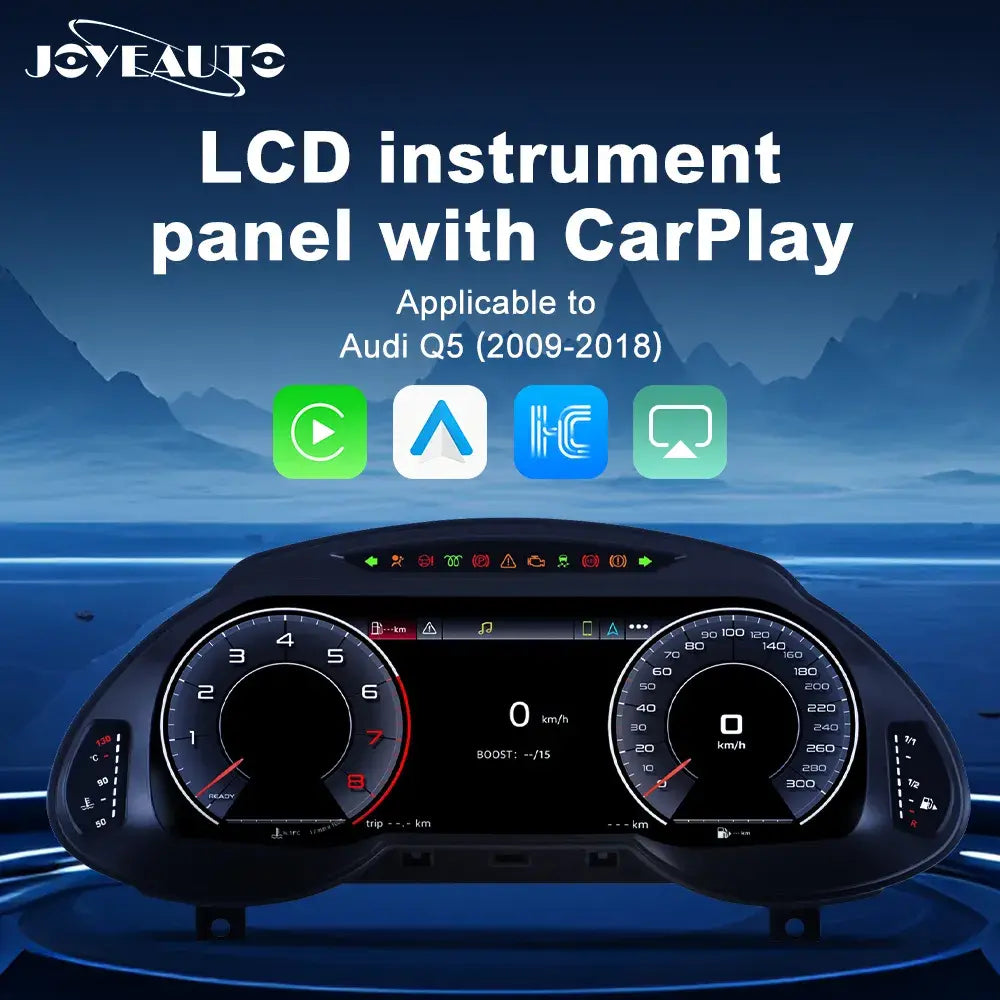 Joyeauto 12.3-inch Android LCD digital instrument cluster for Audi Q5 (2009-2018), featuring wireless CarPlay, Android Auto, virtual cockpit display, real-time vehicle information, and a modern digital dashboard retrofit.