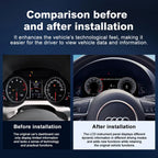 Before and after installation comparison of Joyeauto 12.3-inch Android LCD digital instrument cluster for Audi Q5 (2009-2018), showing the upgrade from the original analog dashboard to a modern virtual cockpit display with wireless CarPlay and Android Auto integration.
