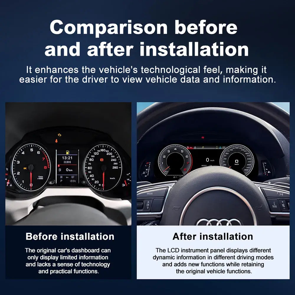 Before and after installation comparison of Joyeauto 12.3-inch Android LCD digital instrument cluster for Audi Q5 (2009-2018), showing the upgrade from the original analog dashboard to a modern virtual cockpit display with wireless CarPlay and Android Auto integration.