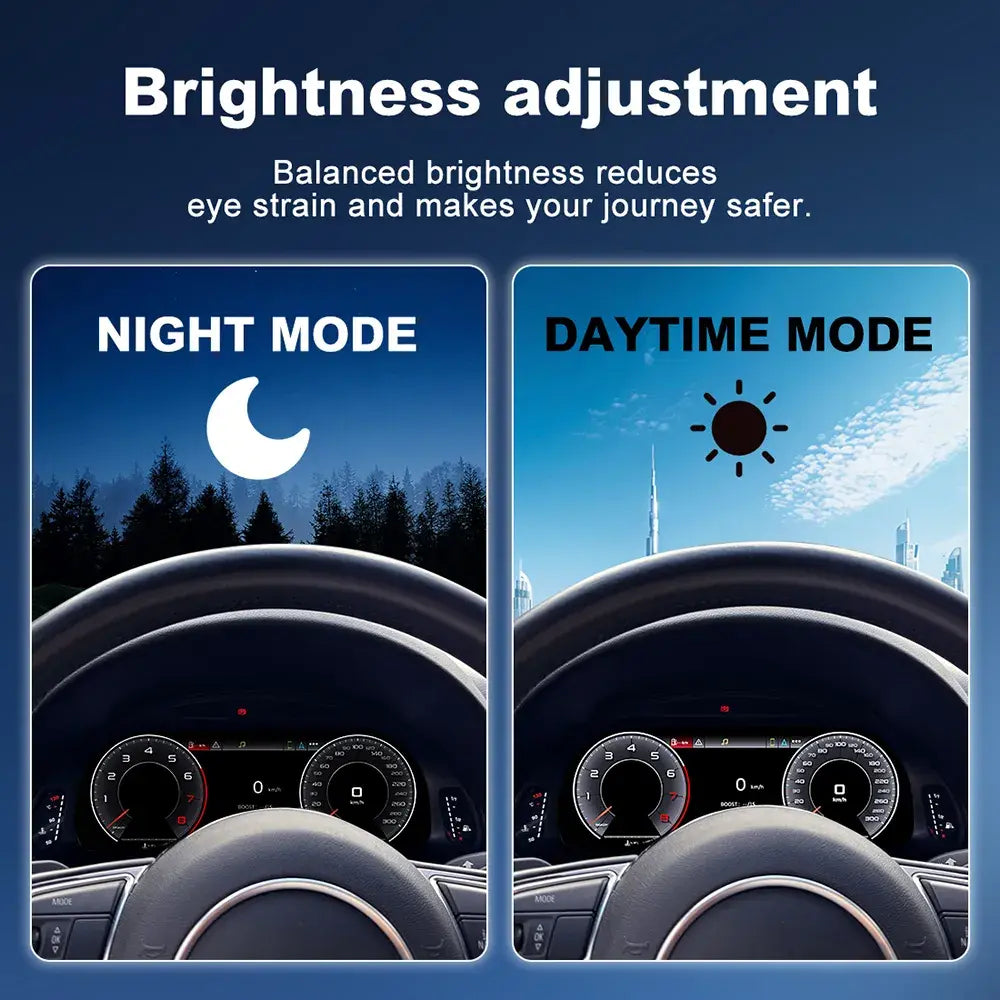 Joyeauto 12.3-inch Android LCD digital instrument cluster for Audi Q5 (2009-2018) featuring automatic day and night brightness adjustment for enhanced visibility, driving comfort, wireless CarPlay, Android Auto, and virtual cockpit functionality.