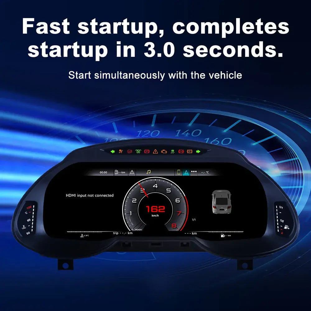 Joyeauto 12.3-inch Android LCD digital instrument cluster for Audi Q5 (2009-2018), featuring ultra-fast 3-second startup, virtual cockpit display, wireless CarPlay, Android Auto, and real-time vehicle information.