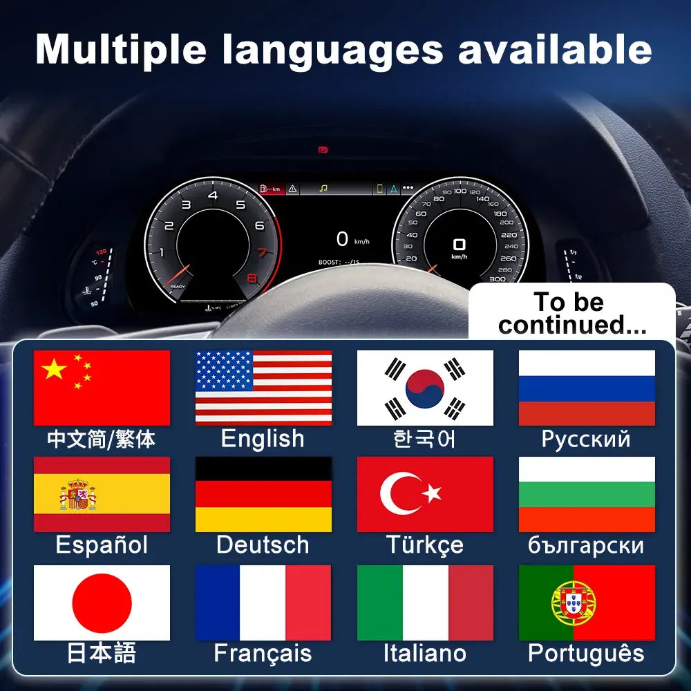 Joyeauto 12.3-inch Android LCD digital instrument cluster for Audi Q5 (2009-2018) with multi-language support, wireless CarPlay, Android Auto, customizable virtual cockpit display, and modern digital dashboard functionality.