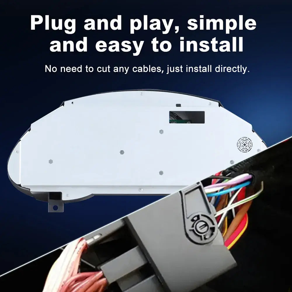 Joyeauto 12.3-inch Android LCD digital instrument cluster for Audi Q5 (2009-2018) featuring plug-and-play installation, factory-style wiring harness, no cable cutting required, wireless CarPlay, Android Auto, and virtual cockpit retrofit.