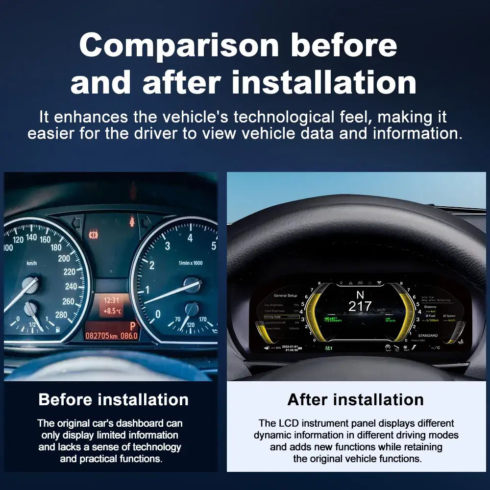 Before and after installation comparison of Joyeauto 10-inch Linux LCD digital instrument cluster for BMW 1 Series E87, showing the upgrade from the original analog dashboard to a modern virtual cockpit display.