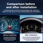 Before and after installation comparison of Joyeauto 10-inch Linux LCD digital instrument cluster for BMW 1 Series E87, showing the upgrade from the original analog dashboard to a modern virtual cockpit display.
