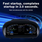 Joyeauto 10-inch Linux LCD digital instrument cluster for BMW 1 Series E87 featuring a fast 2-second startup, virtual cockpit display, real-time driving information, and modern digital dashboard interface.