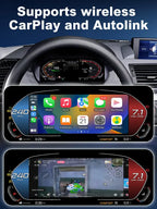 Joyeauto 10-inch Linux LCD digital instrument cluster for BMW 1 Series E87 with wireless CarPlay and Autolink support, featuring smartphone integration, navigation, music streaming, and multimedia functions on the virtual cockpit display.