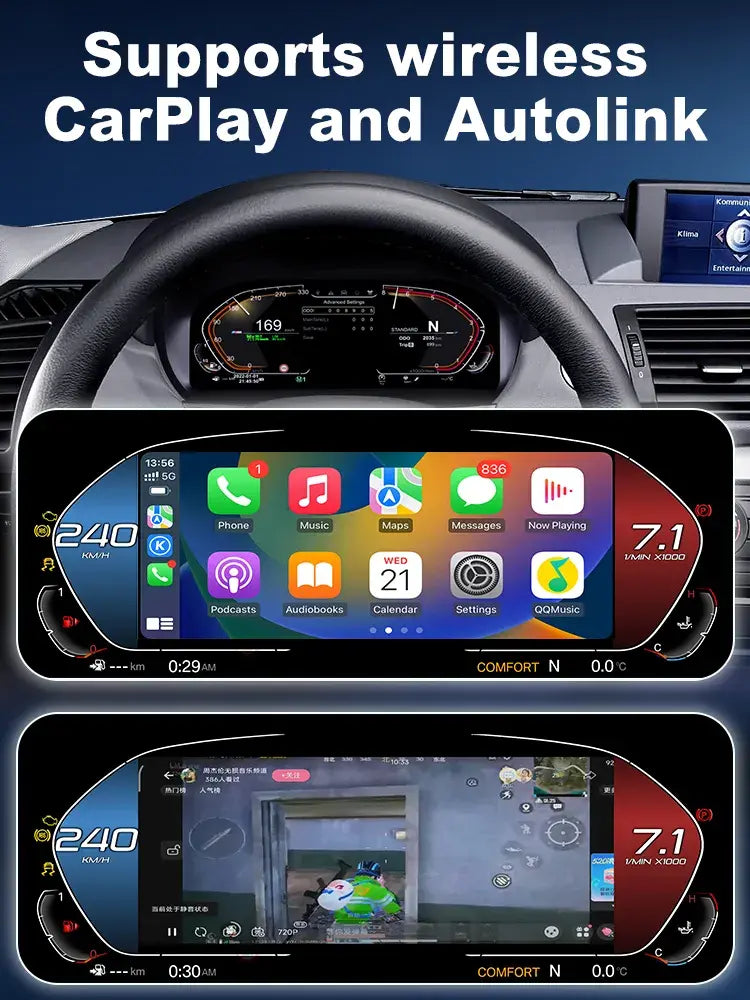 Joyeauto 10-inch Linux LCD digital instrument cluster for BMW 1 Series E87 with wireless CarPlay and Autolink support, featuring smartphone integration, navigation, music streaming, and multimedia functions on the virtual cockpit display.