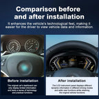 Before and after installation comparison of Joyeauto 10-inch Linux LCD digital instrument cluster for BMW 3 Series E90 E91 E92 E93, showing the transformation from the original analog gauges to a modern virtual cockpit display with wireless CarPlay and phone mirroring.