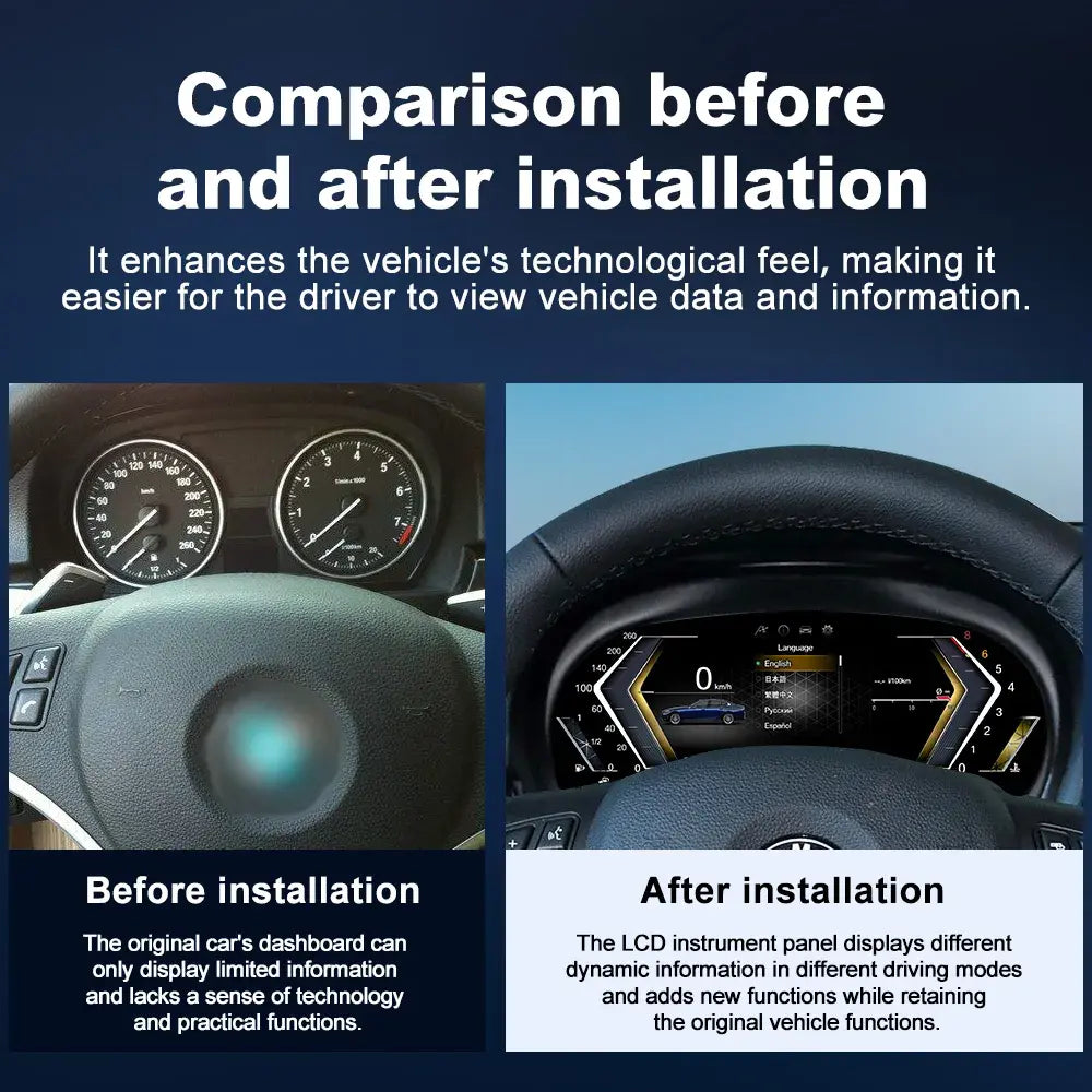 Before and after installation comparison of Joyeauto 10-inch Linux LCD digital instrument cluster for BMW 3 Series E90 E91 E92 E93, showing the transformation from the original analog gauges to a modern virtual cockpit display with wireless CarPlay and phone mirroring.