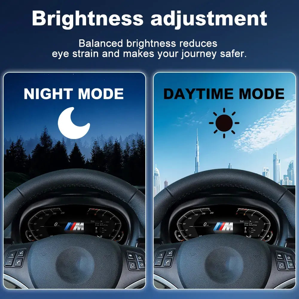 Joyeauto 10-inch Linux LCD digital instrument cluster for BMW 3 Series E90 E91 E92 E93 featuring automatic day and night brightness adjustment for improved visibility, driving comfort, wireless CarPlay, and virtual cockpit functionality.