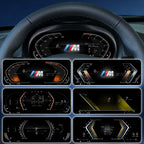 Joyeauto 10-inch Linux LCD digital instrument cluster for BMW 3 Series E90 E91 E92 E93 showcasing multiple virtual cockpit display themes with customizable dashboard layouts, wireless CarPlay, and phone mirroring support.