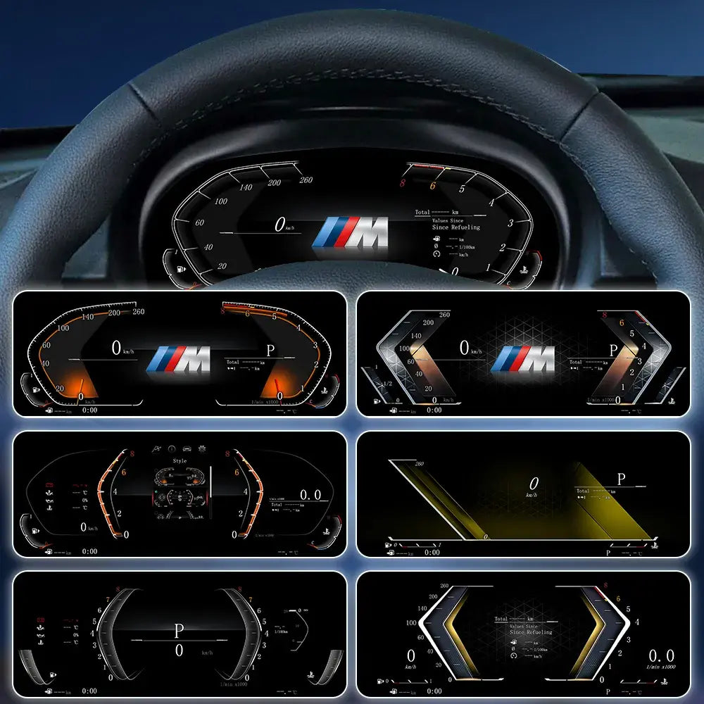Joyeauto 10-inch Linux LCD digital instrument cluster for BMW 3 Series E90 E91 E92 E93 showcasing multiple virtual cockpit display themes with customizable dashboard layouts, wireless CarPlay, and phone mirroring support.