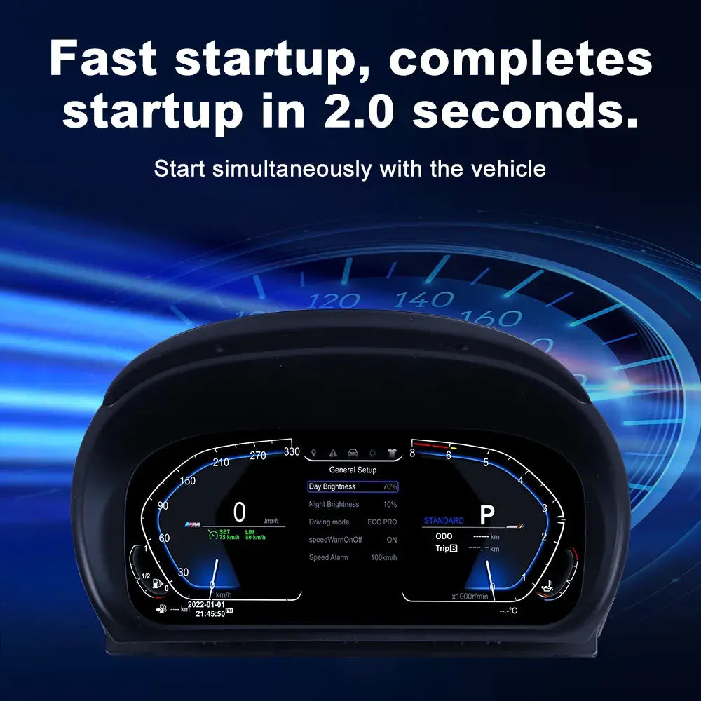 Joyeauto 10-inch Linux LCD digital instrument cluster for BMW 3 Series E90 E91 E92 E93 featuring ultra-fast 2-second startup, virtual cockpit display, wireless CarPlay, phone mirroring, and real-time vehicle information.