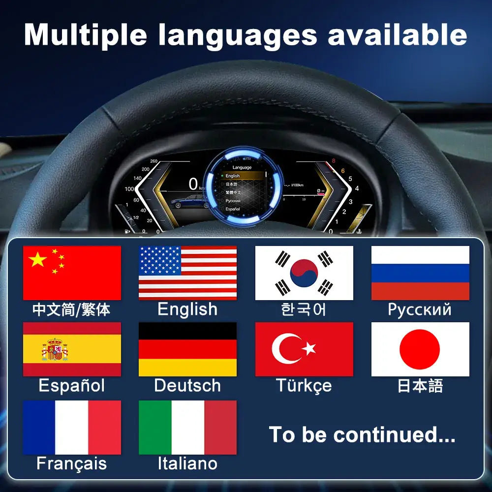 Joyeauto 10-inch Linux LCD digital instrument cluster for BMW 3 Series E90 E91 E92 E93 with multi-language support, wireless CarPlay, phone mirroring, and customizable virtual cockpit display.