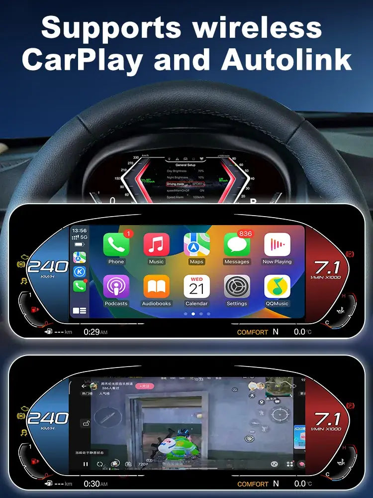 Joyeauto 10-inch Linux LCD digital instrument cluster for BMW 3 Series E90 E91 E92 E93 with wireless CarPlay, Autolink phone mirroring, navigation, music streaming, video playback, and customizable virtual cockpit display.