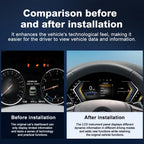 Before and after installation comparison of Joyeauto 12.3-inch Linux LCD digital instrument cluster for BMW 5 Series F10 F11 F07, 6 Series F12 F13, 7 Series F01 F02 F03 F04, and X3 X4 X5 X6 models, showing the upgrade from the original analog dashboard to a modern virtual cockpit display with wireless CarPlay and phone mirroring.