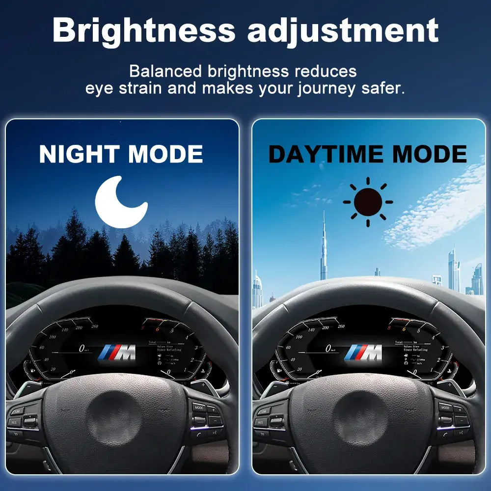 Joyeauto 12.3-inch Linux LCD digital instrument cluster for BMW 5 Series F10 F11 F07, 6 Series F12 F13, 7 Series F01 F02 F03 F04, and X3 X4 X5 X6 models, featuring automatic day and night brightness adjustment for enhanced visibility, driving comfort, wireless CarPlay, phone mirroring, and virtual cockpit functionality.