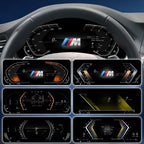 Joyeauto 12.3-inch Linux LCD digital instrument cluster for BMW 5 Series F10 F11 F07, 6 Series F12 F13, 7 Series F01 F02 F03 F04, and X3 X4 X5 X6 models, showcasing multiple customizable virtual cockpit display themes with wireless CarPlay, phone mirroring, and digital dashboard functionality.
