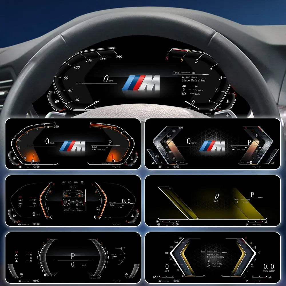 Joyeauto 12.3-inch Linux LCD digital instrument cluster for BMW 5 Series F10 F11 F07, 6 Series F12 F13, 7 Series F01 F02 F03 F04, and X3 X4 X5 X6 models, showcasing multiple customizable virtual cockpit display themes with wireless CarPlay, phone mirroring, and digital dashboard functionality.