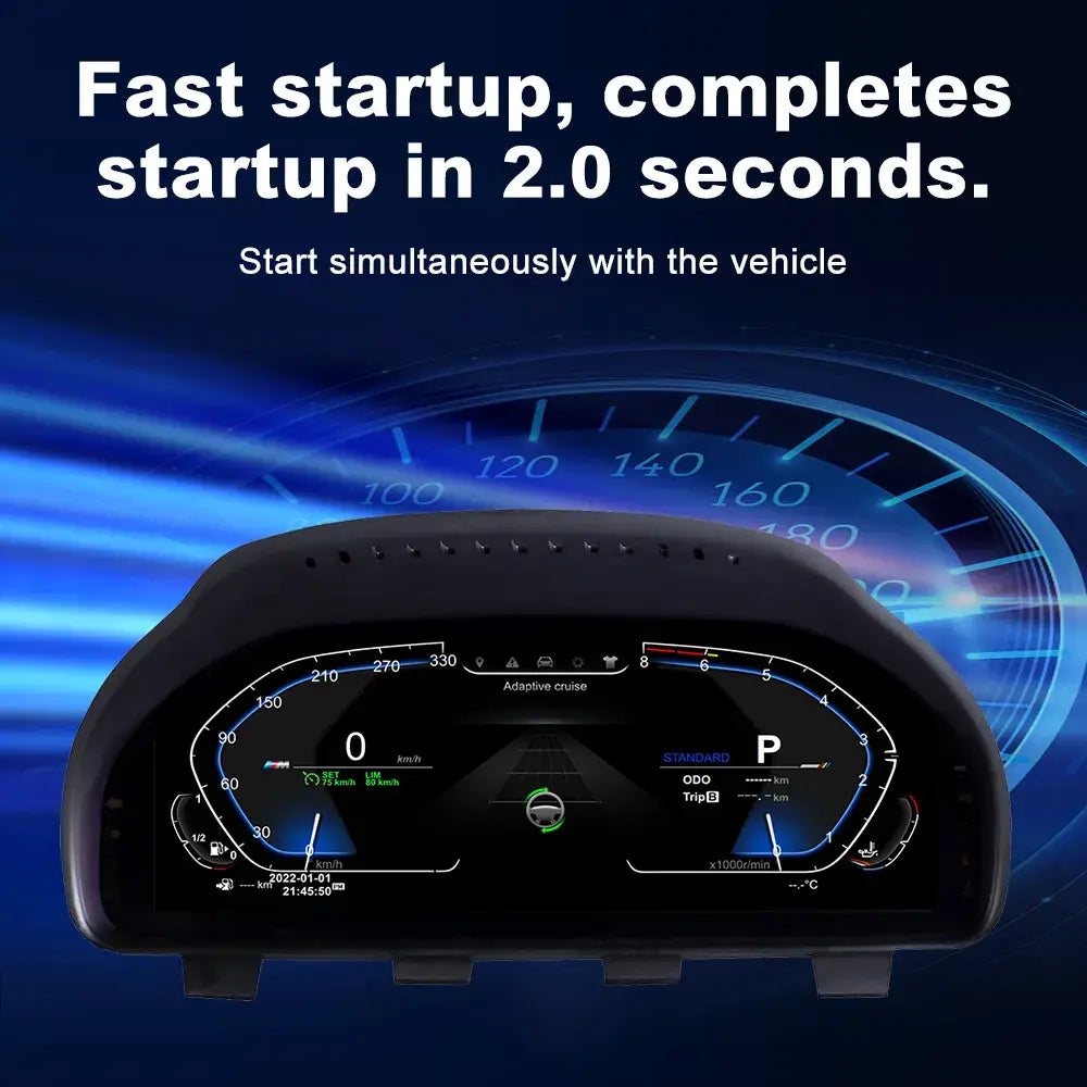 Joyeauto 12.3-inch Linux LCD digital instrument cluster for BMW 5 Series F10 F11 F07, 6 Series F12 F13, 7 Series F01 F02 F03 F04, and X3 X4 X5 X6 models, featuring ultra-fast 2-second startup, virtual cockpit display, wireless CarPlay, phone mirroring, and real-time vehicle information.