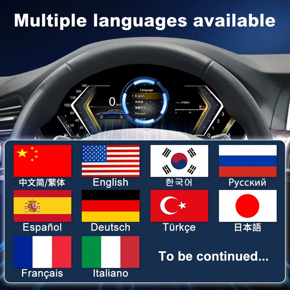 Joyeauto 12.3-inch Linux LCD digital instrument cluster for BMW 5 Series F10 F11 F07, 6 Series F12 F13, 7 Series F01 F02 F03 F04, and X3 X4 X5 X6 models with multi-language support, wireless CarPlay, phone mirroring, and customizable virtual cockpit display.