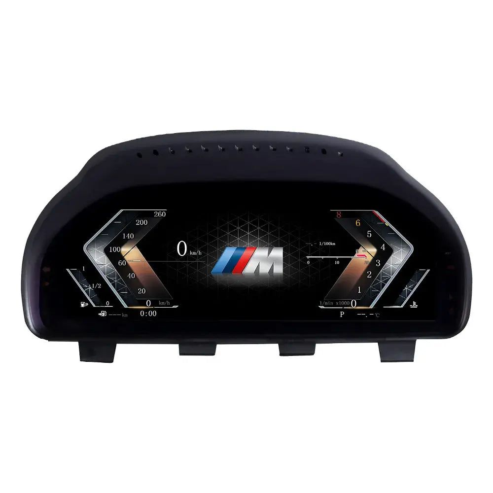 Joyeauto 12.3-inch Linux LCD digital instrument cluster front view for BMW 5 Series F10 F11 F07, 6 Series F12 F13, 7 Series F01 F02 F03 F04, and X3 X4 X5 X6 models, featuring a high-resolution virtual cockpit display, wireless CarPlay, phone mirroring, and modern digital dashboard design.
