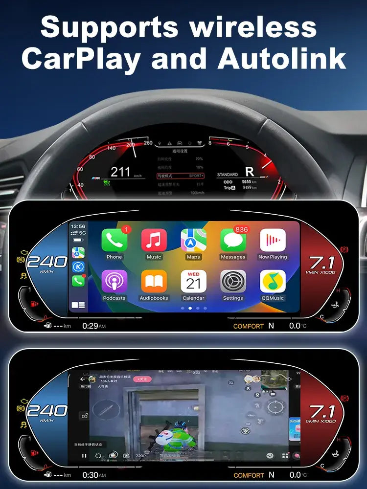 Joyeauto 12.3-inch Linux LCD digital instrument cluster for BMW 5 Series F10 F11 F07, 6 Series F12 F13, 7 Series F01 F02 F03 F04, and X3 X4 X5 X6 models with wireless CarPlay and Autolink phone mirroring, featuring navigation, music streaming, video playback, and virtual cockpit functionality.