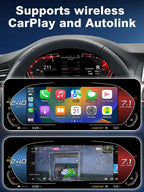 Joyeauto 12.3-inch Linux LCD digital instrument cluster for BMW 5 Series F10 F11 F07, 6 Series F12 F13, 7 Series F01 F02 F03 F04, and X3 X4 X5 X6 models with wireless CarPlay and Autolink phone mirroring, featuring navigation, music streaming, video playback, and virtual cockpit functionality.
