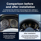 Before and after installation comparison of Joyeauto 12.3-inch Linux LCD digital instrument cluster for BMW 3 Series F30 F31 F34 and 4 Series F32 F33 F36, showing the upgrade from the original analog dashboard to a modern virtual cockpit display with wireless CarPlay and phone mirroring.