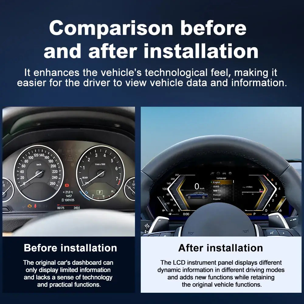 Before and after installation comparison of Joyeauto 12.3-inch Linux LCD digital instrument cluster for BMW 3 Series F30 F31 F34 and 4 Series F32 F33 F36, showing the upgrade from the original analog dashboard to a modern virtual cockpit display with wireless CarPlay and phone mirroring.