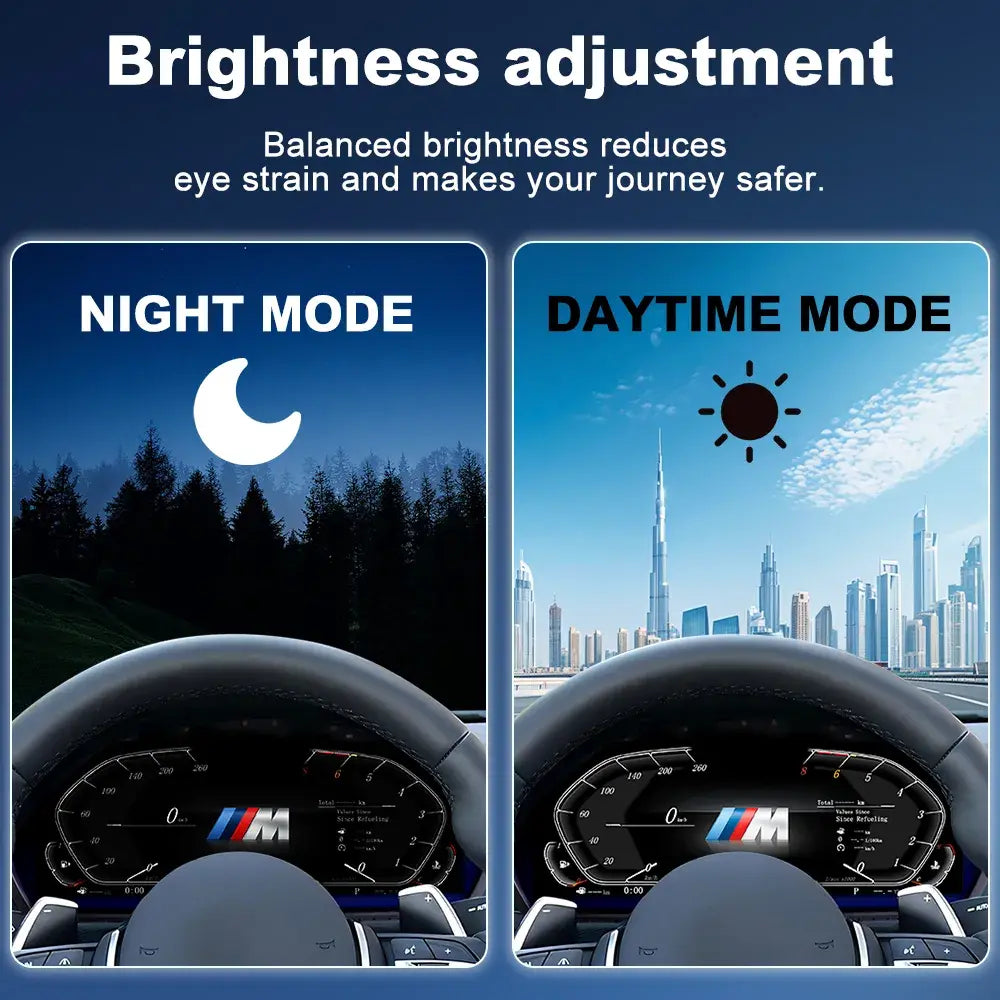 Joyeauto 12.3-inch Linux LCD digital instrument cluster for BMW 3 Series F30 F31 F34 and 4 Series F32 F33 F36, featuring automatic day and night brightness adjustment for enhanced visibility, driving comfort, wireless CarPlay, phone mirroring, and virtual cockpit functionality.