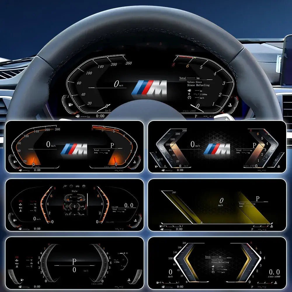 Joyeauto 12.3-inch Linux LCD digital instrument cluster for BMW 3 Series F30 F31 F34 and 4 Series F32 F33 F36, showcasing multiple customizable virtual cockpit display themes with wireless CarPlay, phone mirroring, and digital dashboard functionality.