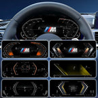 Joyeauto 12.3-inch Linux LCD digital instrument cluster for BMW 3 Series F30 F31 F34 and 4 Series F32 F33 F36, showcasing multiple customizable virtual cockpit display themes with wireless CarPlay, phone mirroring, and digital dashboard functionality.